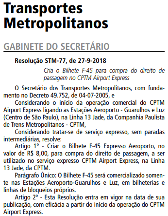 Bilhete do Expresso Aeroporto da Linha 13 Jade