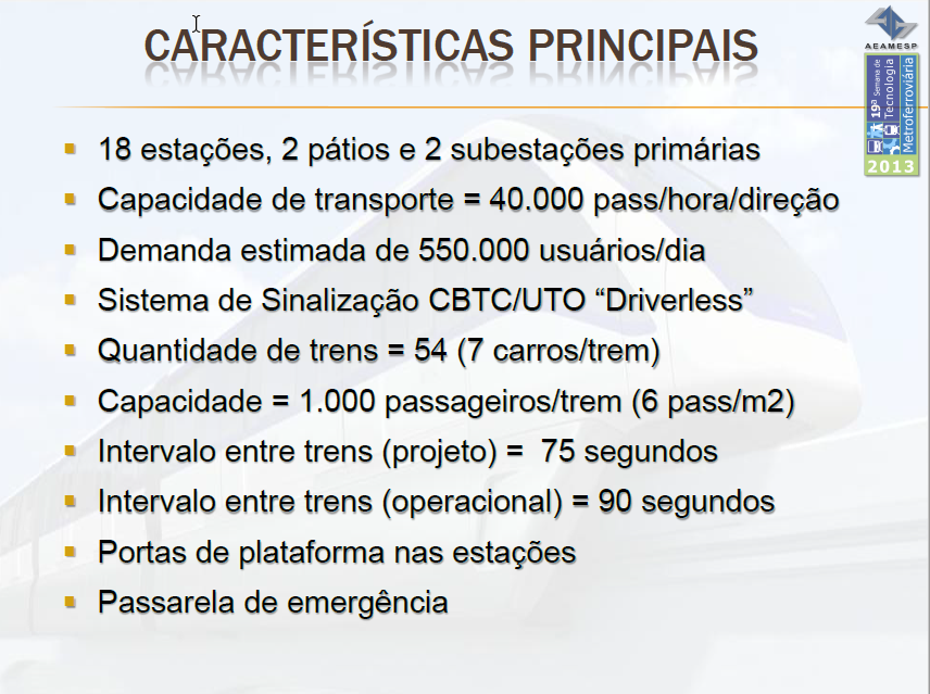 Características da Linha 15 Prata (19º Semana de Tecnologia Metroferroviária AEAMESP)