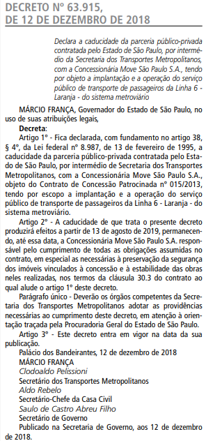 Decreto de Caducidade da Linha 6 Laranja